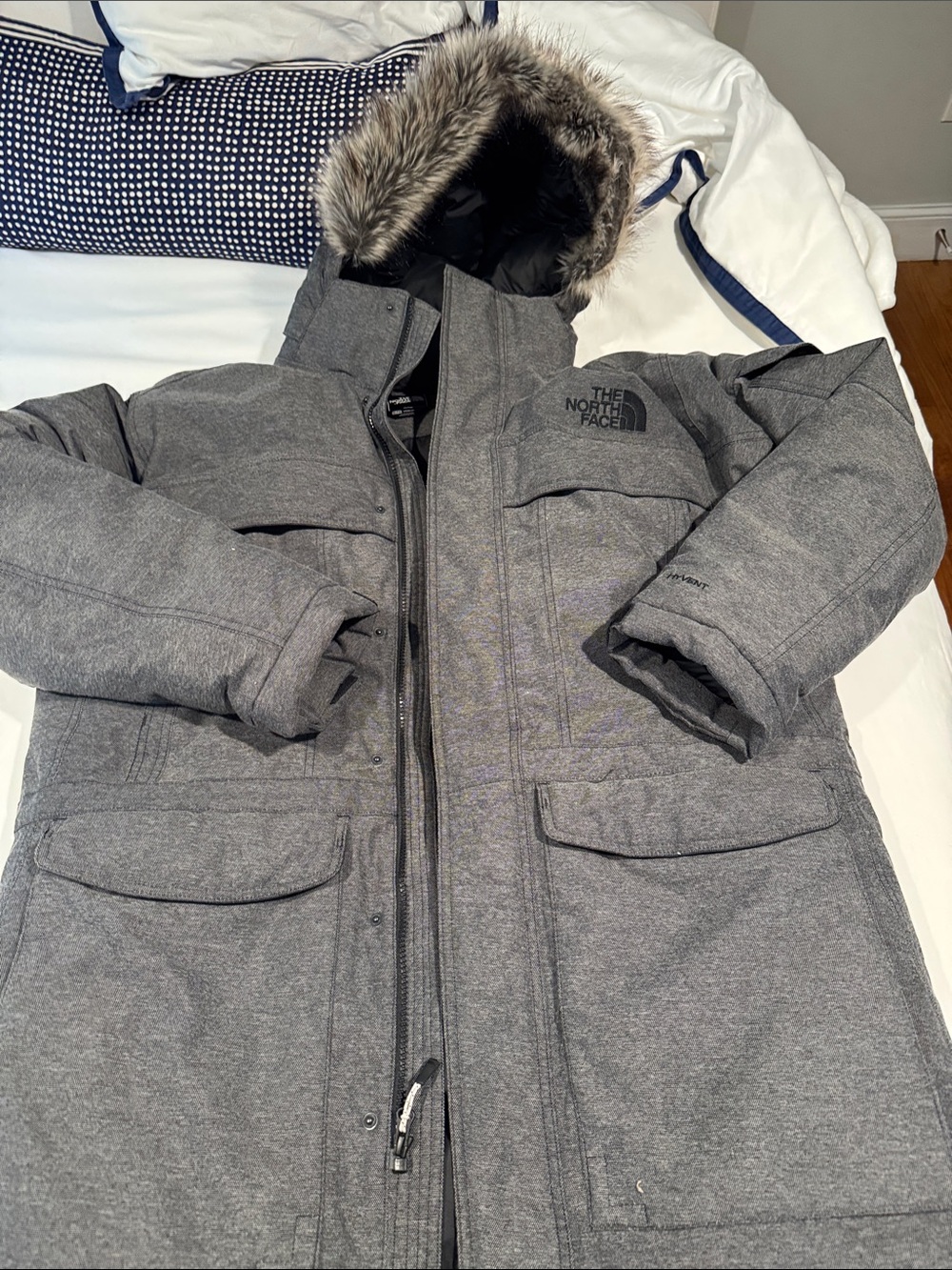 The North Face Men’s Gray Hooded Puffer Parka with Faux Fur Trim